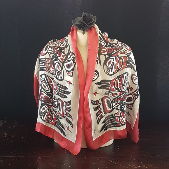 Indigenous Raven Silk Scarf by Native Artist Bill Helin - Picture 1 of 10